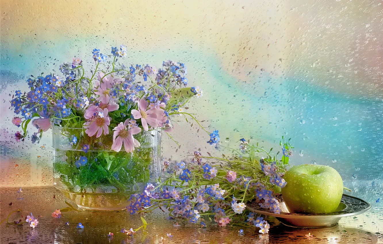Photo wallpaper water, flowers, plate, vase, still life, forget-me-nots, still life, kosmeya
