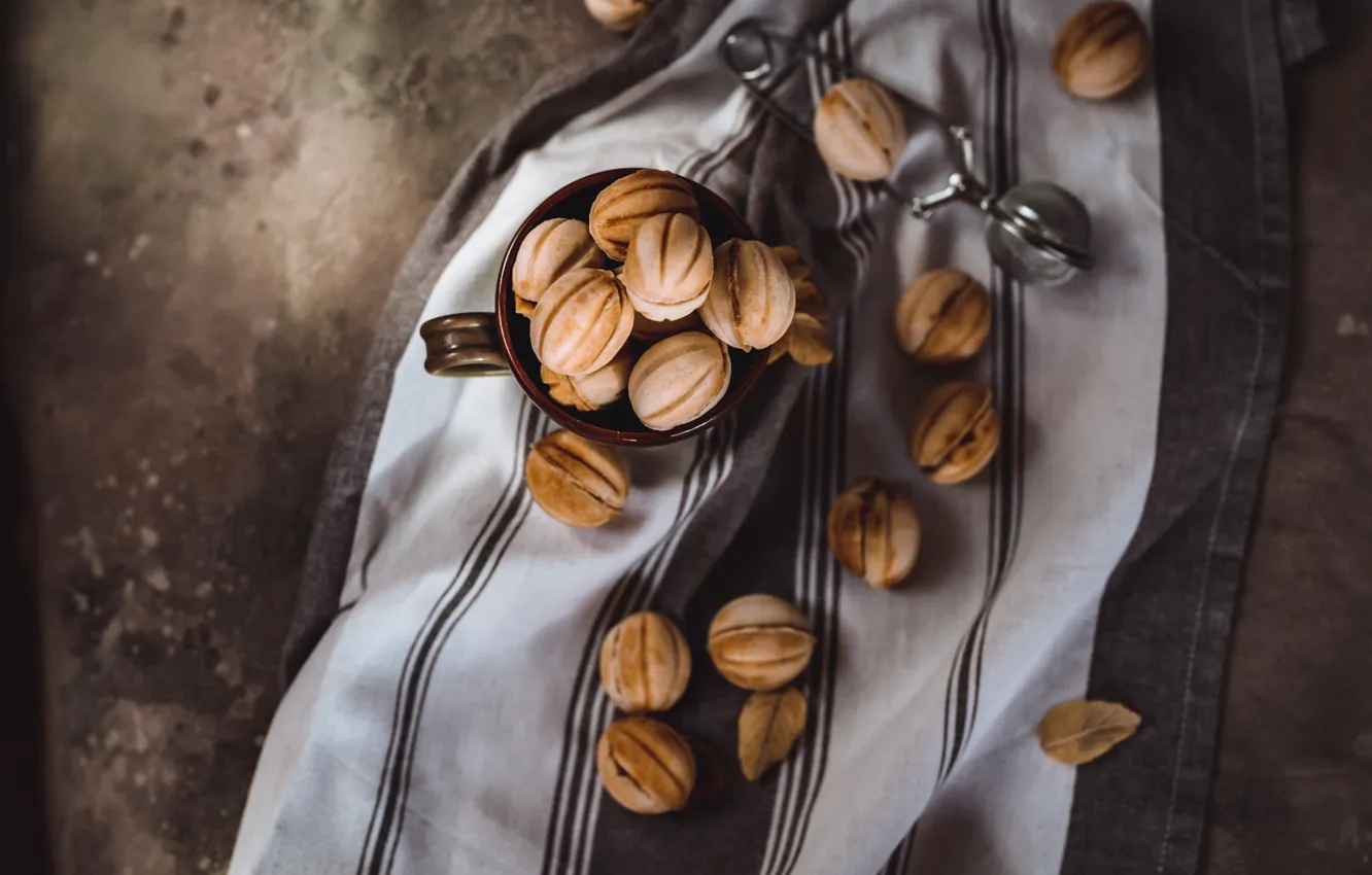 Photo wallpaper towel, cookies, Cup, placer, dessert, cakes, nuts, bokeh