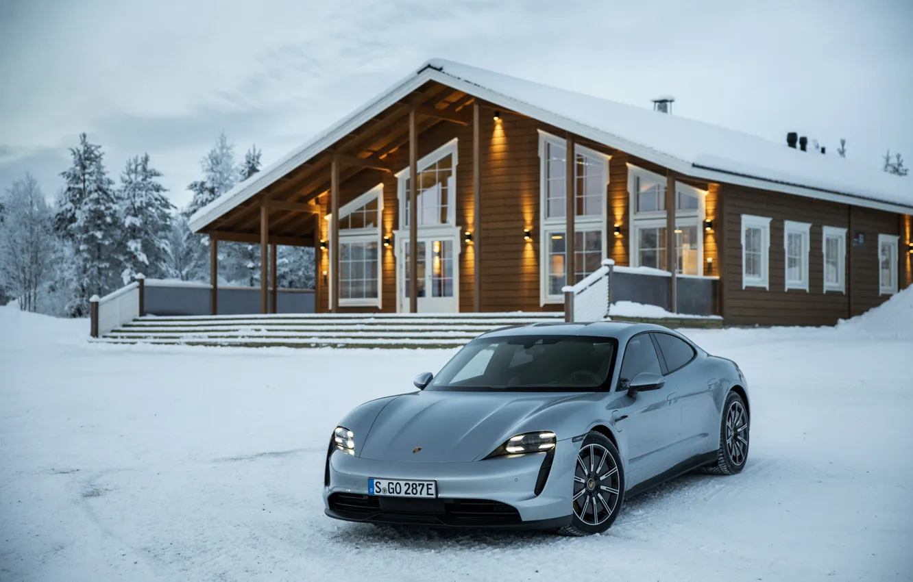 Photo wallpaper snow, grey, Porsche, 2020, the house, Taycan, Taycan 4S