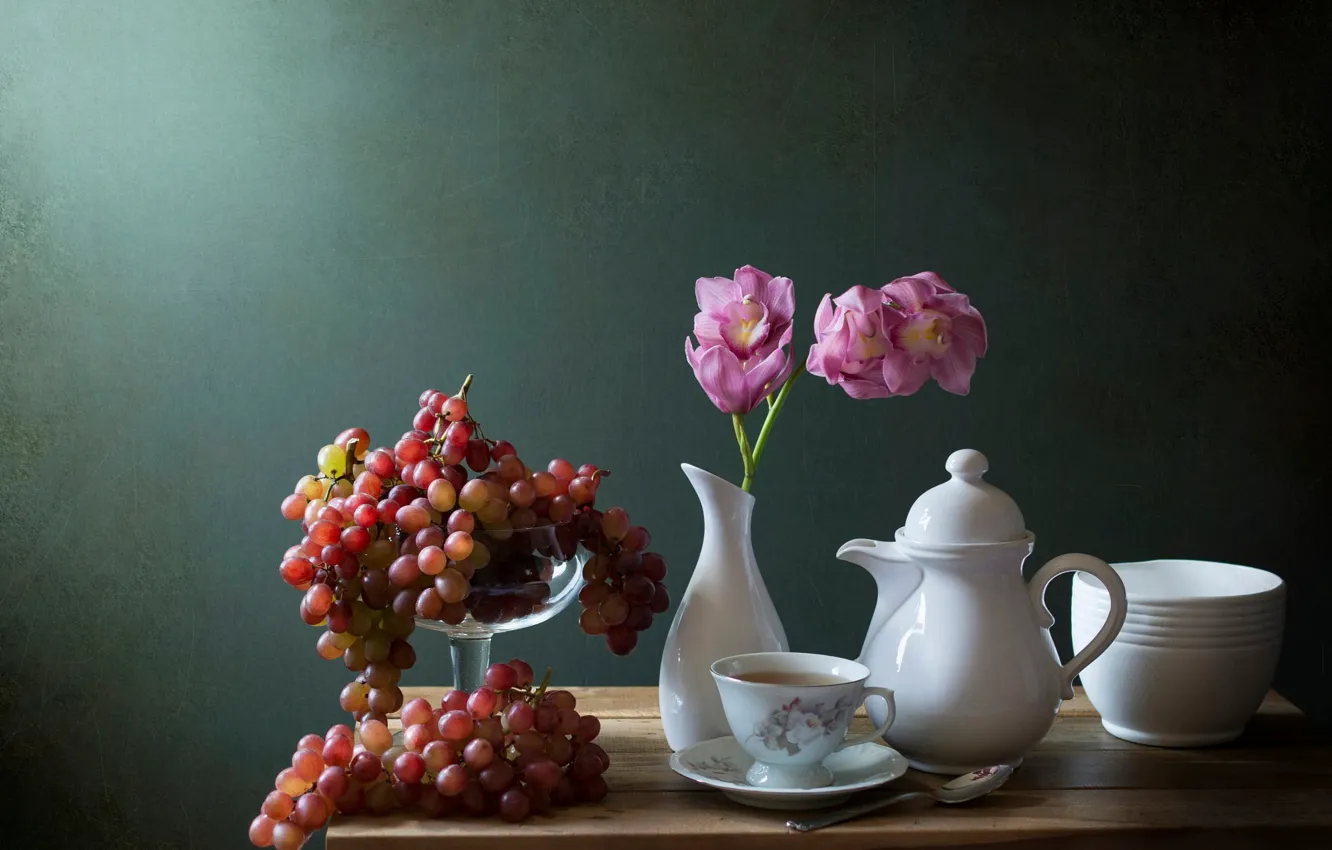 Photo wallpaper flowers, berries, grapes, dishes, vase, still life, Orchid, still life