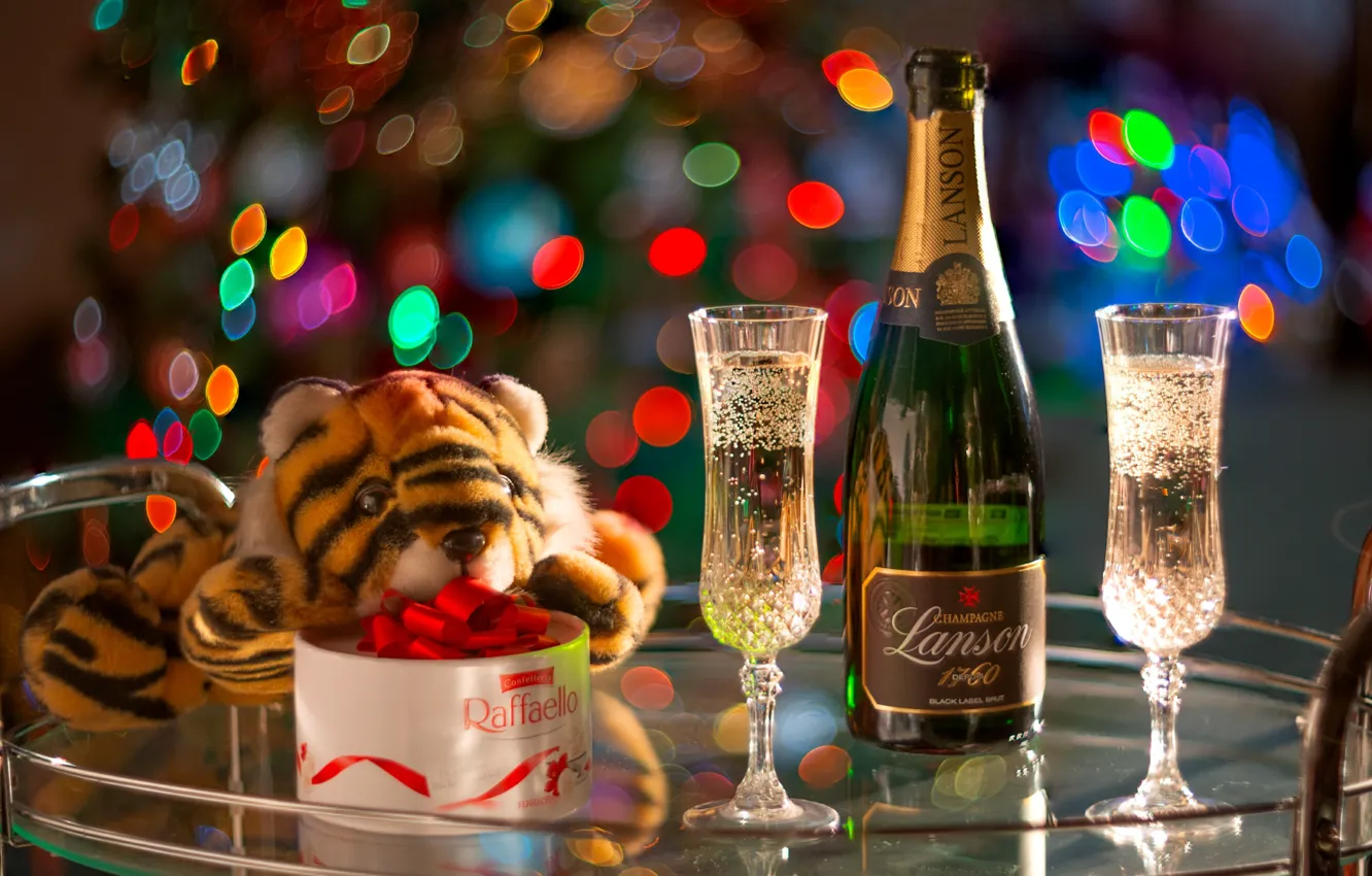 Photo wallpaper tiger, holiday, box, toy, bottle, new year, glasses, candy
