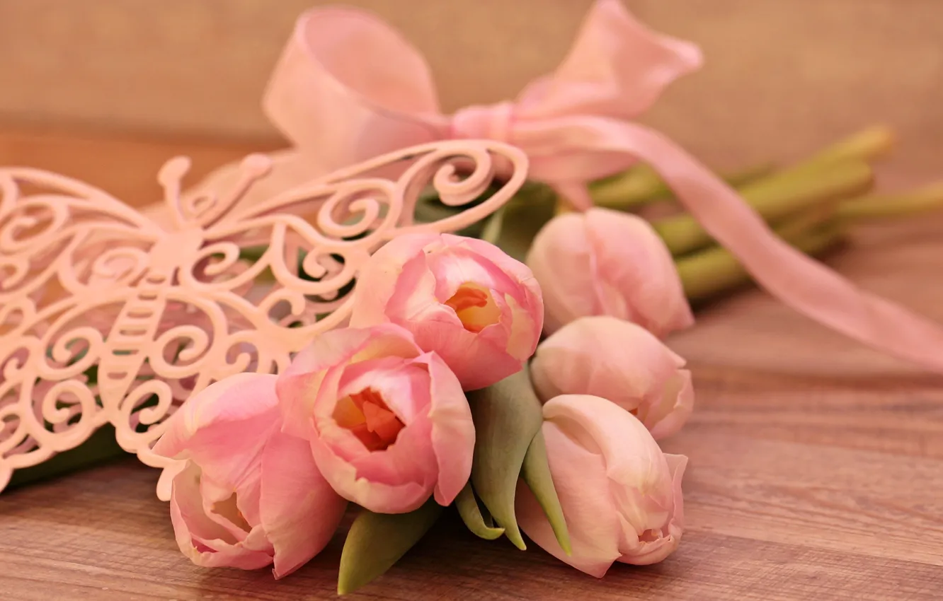 Photo wallpaper flowers, butterfly, tape, tulips, figures