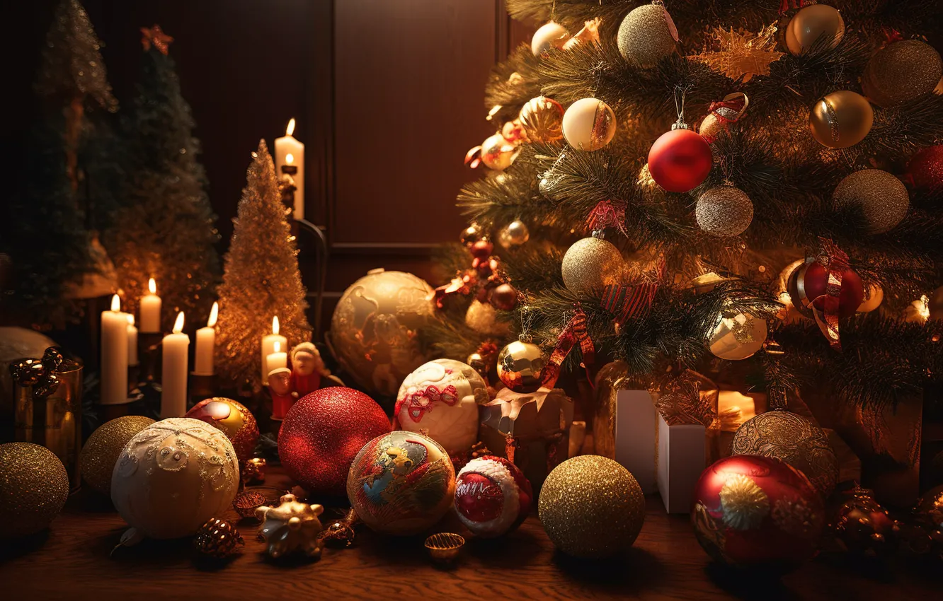 Photo wallpaper decoration, room, balls, tree, new year, Christmas, golden, Christmas