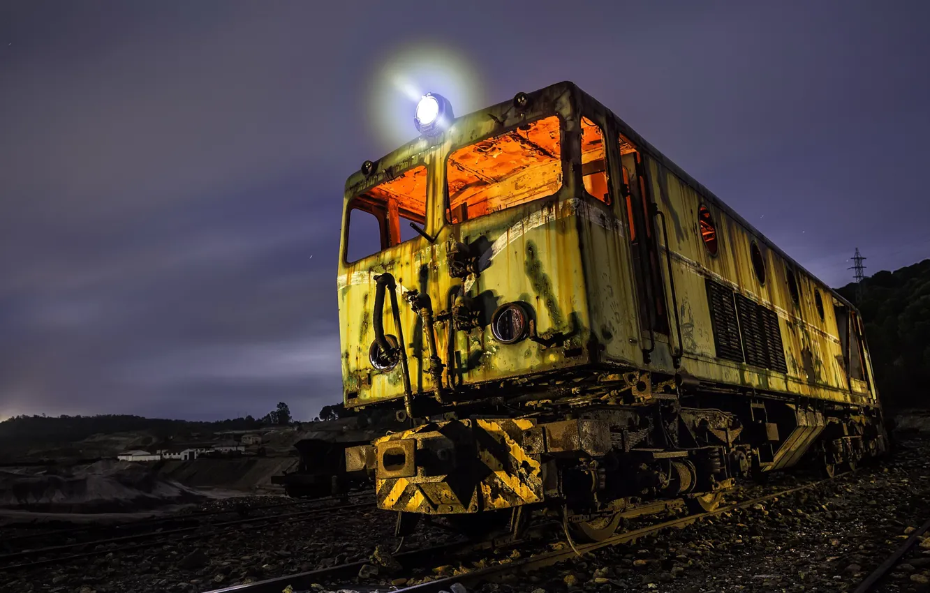 Photo wallpaper night, railroad, locomotive