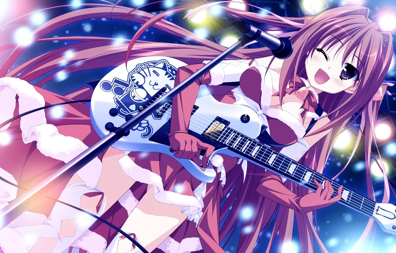 Photo wallpaper girl, snow, guitar, art, microphone, bells, wink, natsume otona