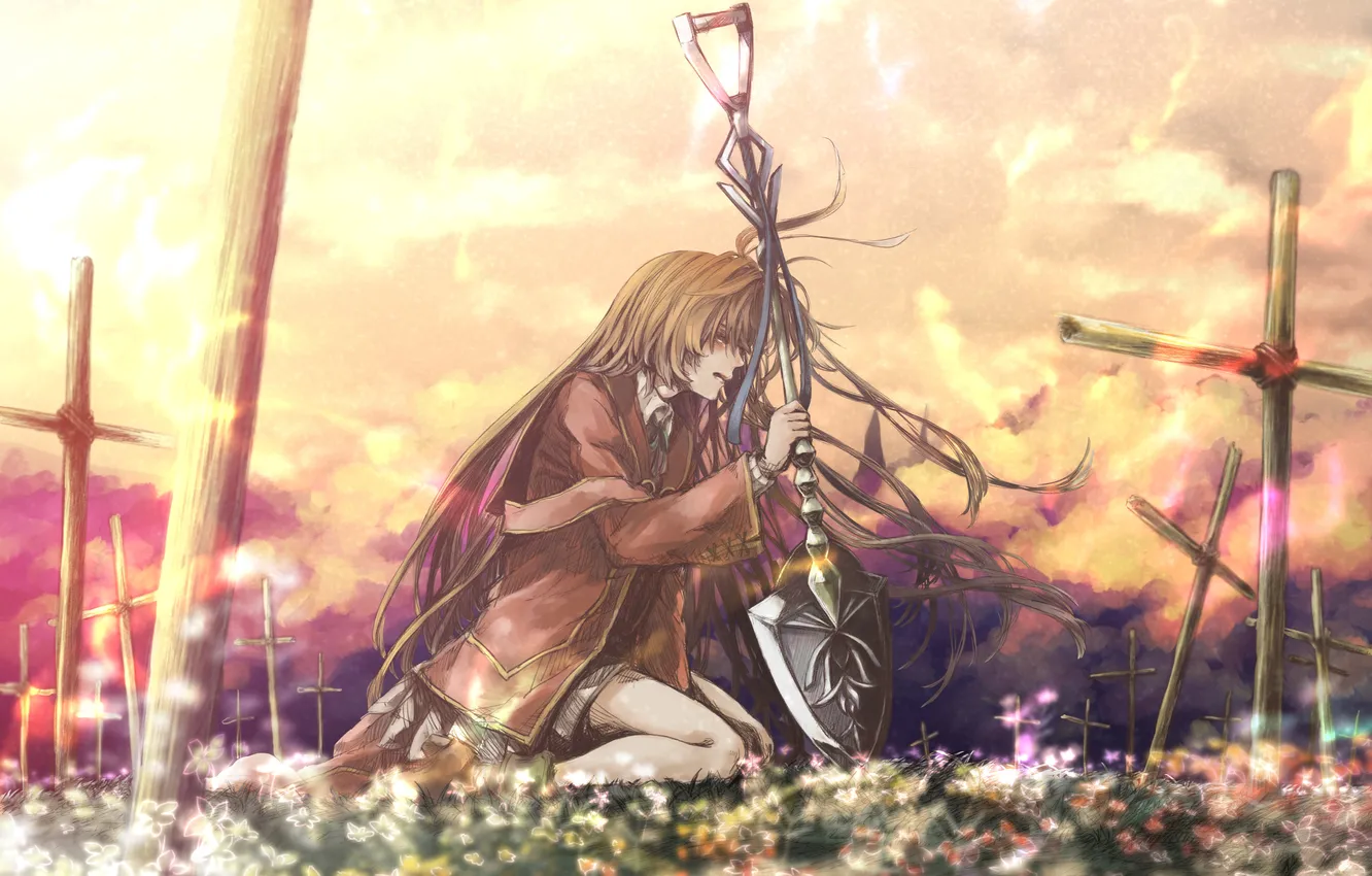 Photo wallpaper the sky, girl, clouds, sunset, flowers, anime, art, form