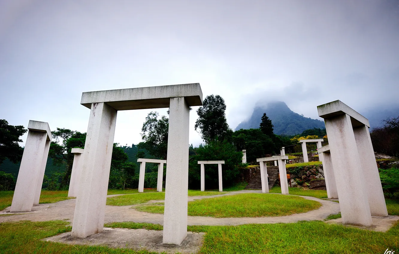 Photo wallpaper grass, clouds, hills, construction, track, arch, columns, stage
