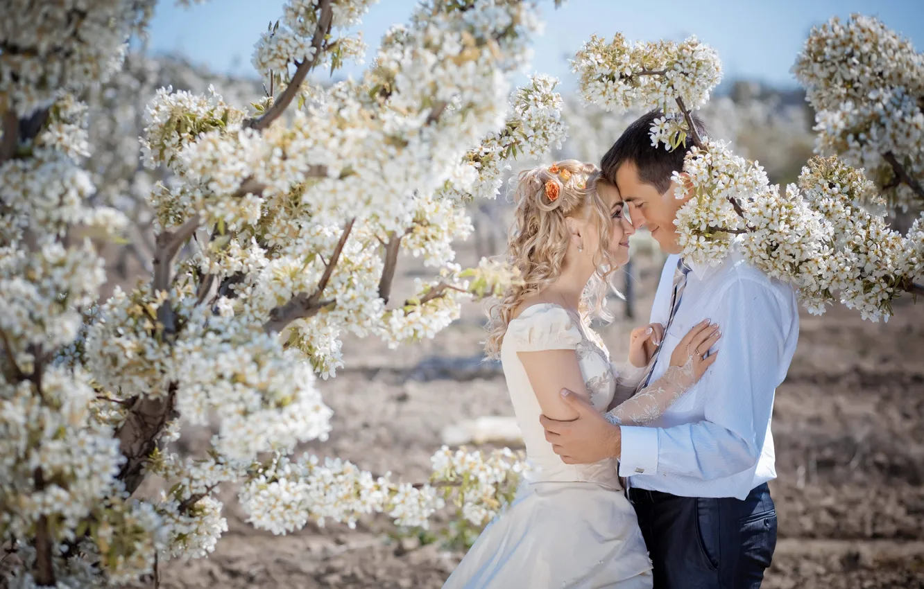 Photo wallpaper girl, spring, pair, guy, the bride, wedding, lilac, the groom