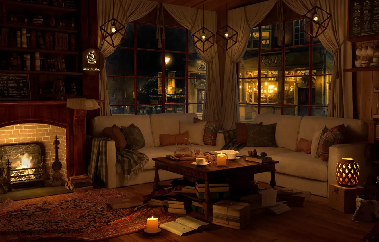 Photo wallpaper lights, night, candles, fireplace, books, coffe shop