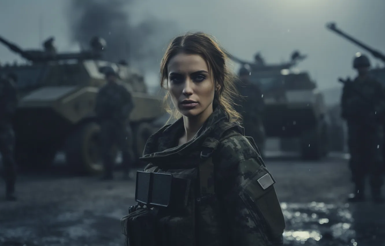 Photo wallpaper girl, soldiers, digital art, Military equipment, AI art, The Art of Artificial Intelligence, War and …