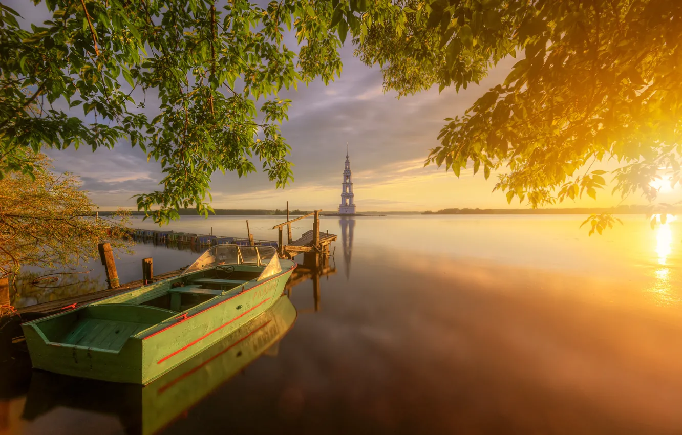 Photo wallpaper summer, sunset, branches, nature, river, boat, Church, Eduard Gordeev