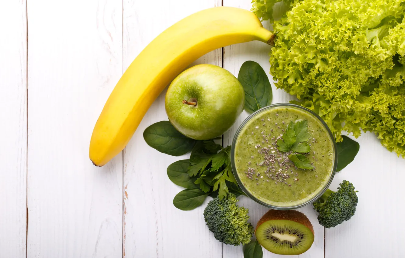 Photo wallpaper greens, apples, Board, kiwi, bananas, drink, fruit, light background