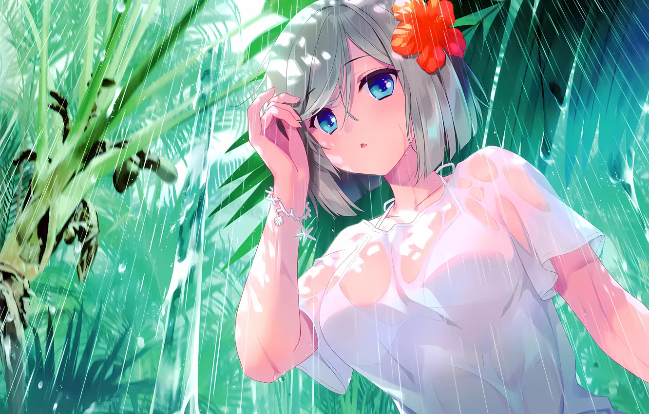 Photo wallpaper girl, sexy, rain, nature, boobs, anime, blue eyes, beautiful
