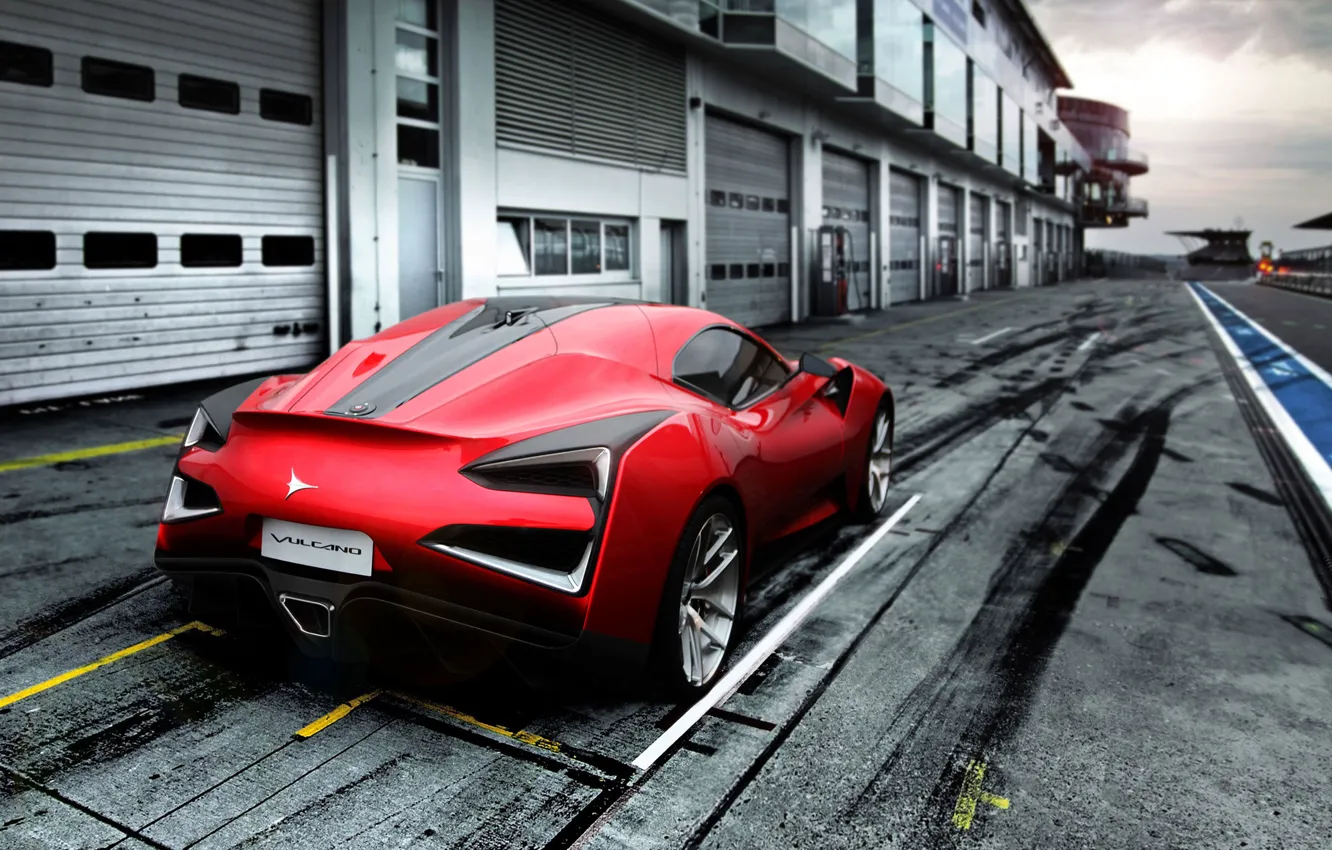 Photo wallpaper Red, Auto, Machine, Asphalt, Track, Coupe, Sports car, Rear view, Vulcan, Icona