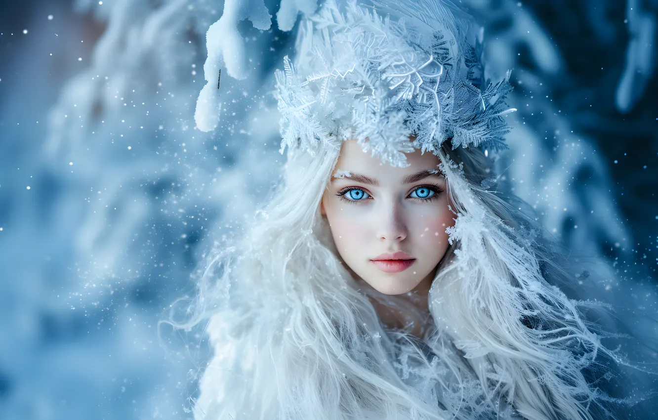 Photo wallpaper winter, forest, look, girl, snow, nature, winter, portrait