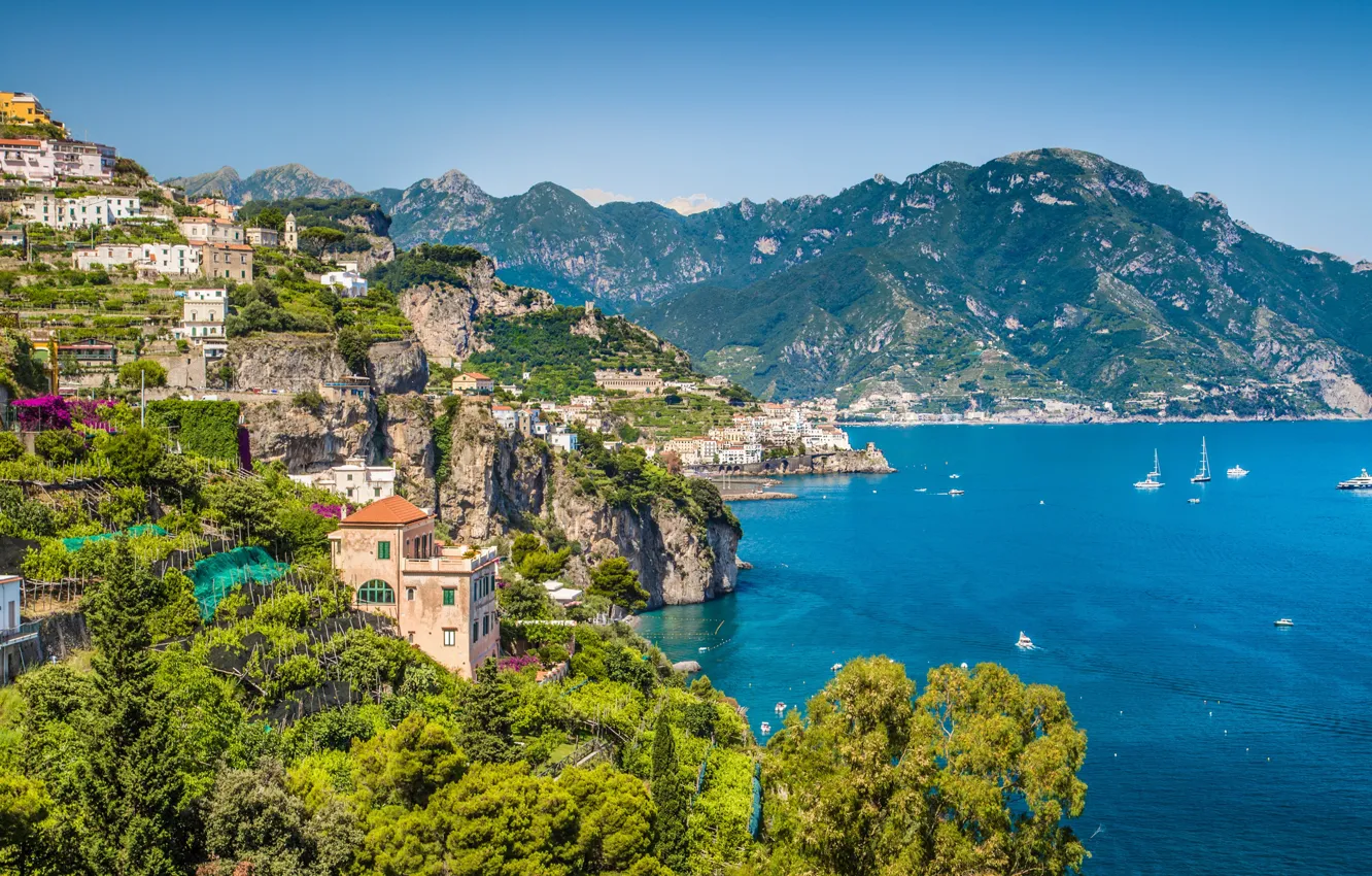 Photo wallpaper sea, mountains, home, yacht, Italy, Amalfi