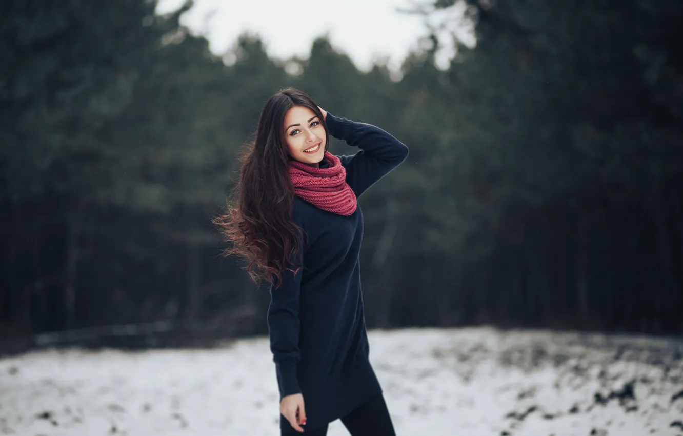 Photo wallpaper forest, look, girl, snow, trees, pose, smile, Ivan Salnikov