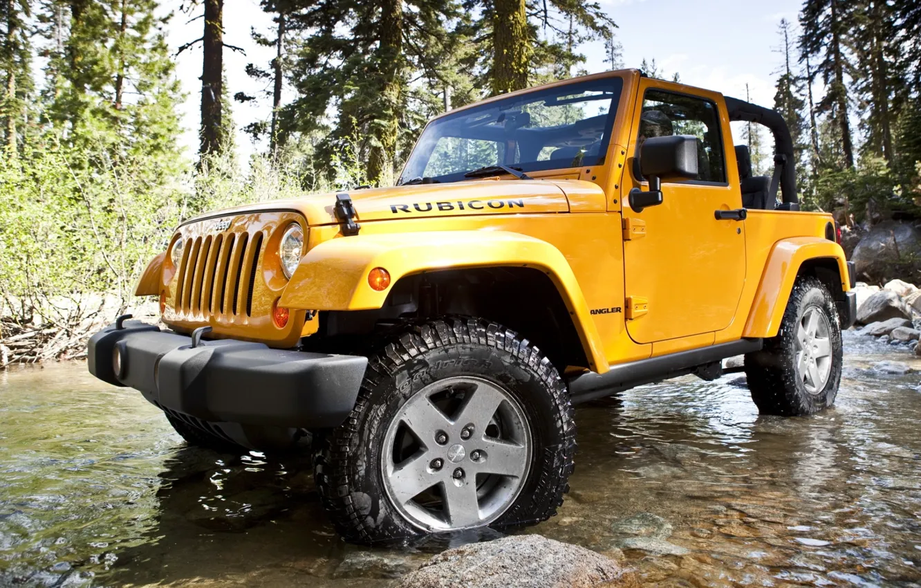 Photo wallpaper forest, water, trees, stones, SUV, Jeep, the front, Ford