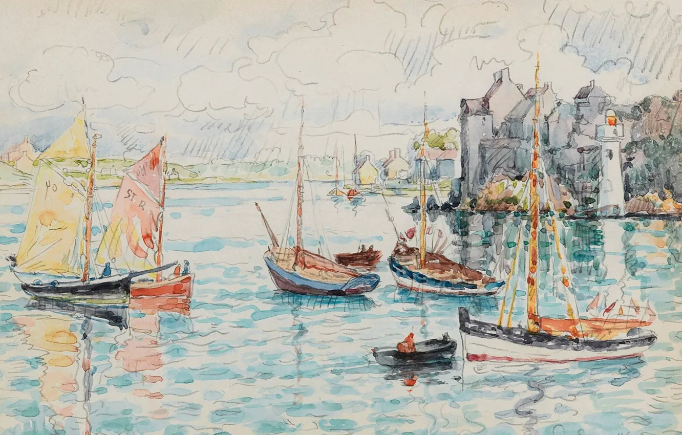 Photo wallpaper boat, figure, lighthouse, watercolor, sail, Le Conquet, Paul Signac