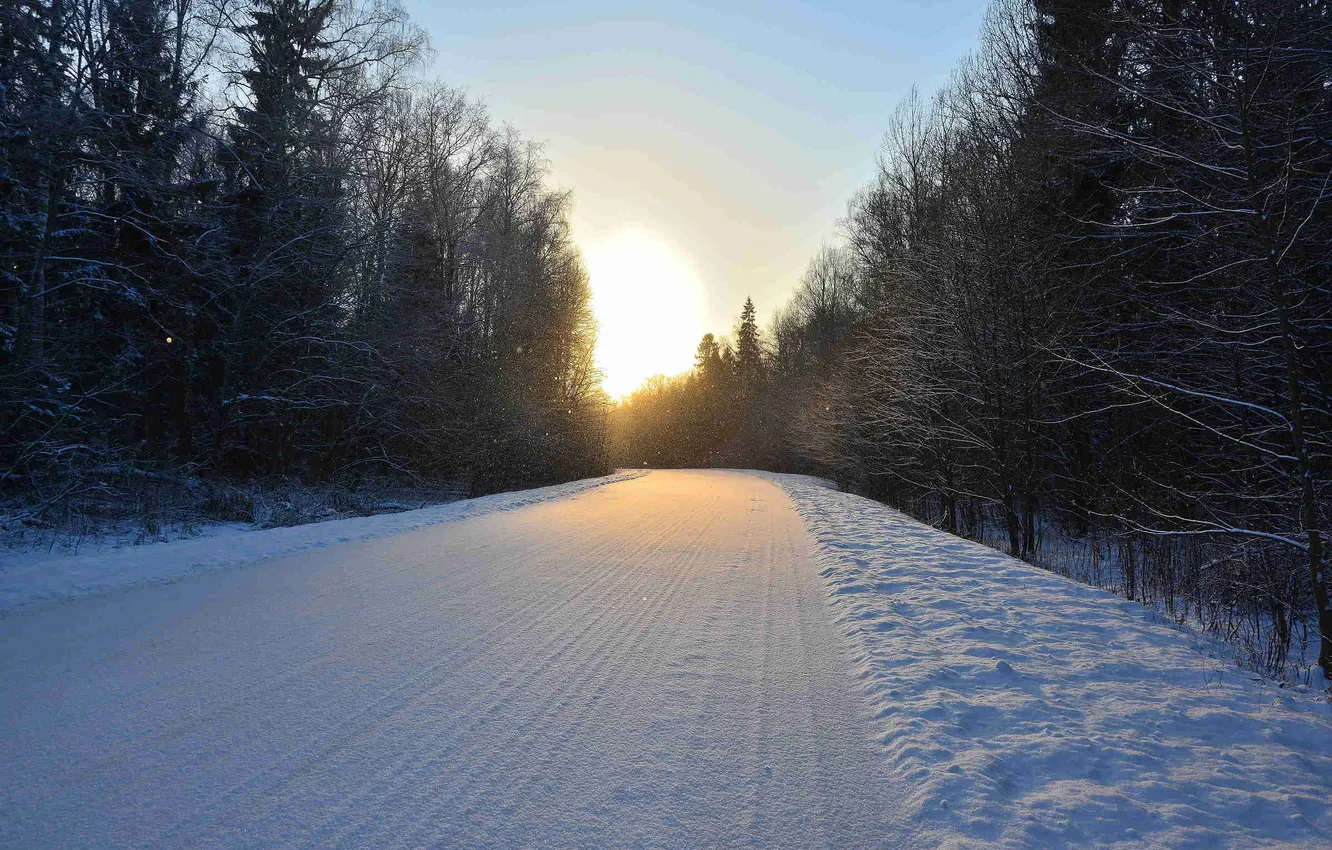 Photo wallpaper winter, road, forest, the sky, the sun, clouds, snow, trees