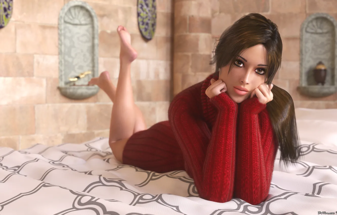 Photo wallpaper rendering, bed, jacket, red, ponytail, girl. look