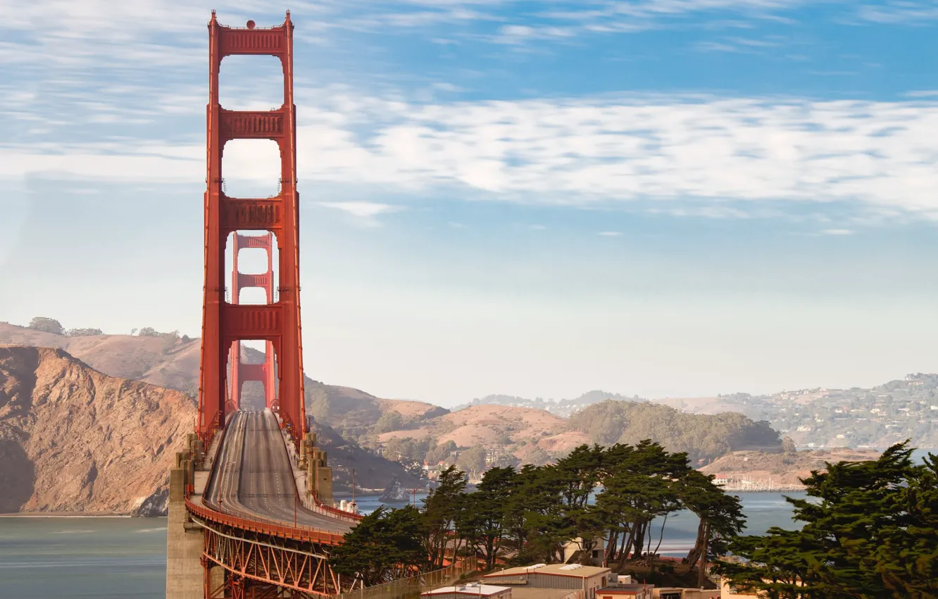 Photo wallpaper city, USA, Golden Gate Bridge, road, sky, trees, ocean, landscape