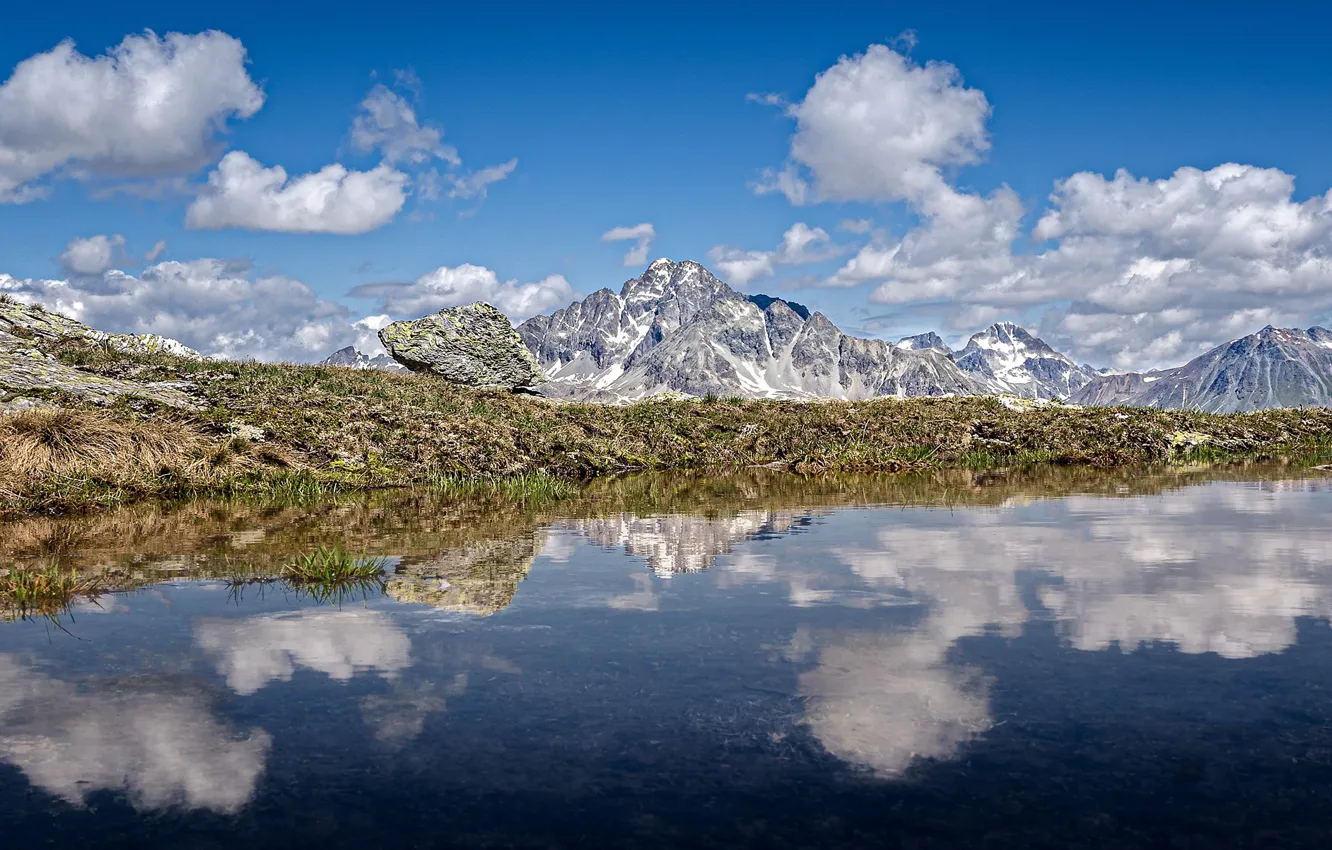 Photo wallpaper mountains, lake, reflection, Switzerland, panorama, Switzerland, Engadin, Swiss Alps