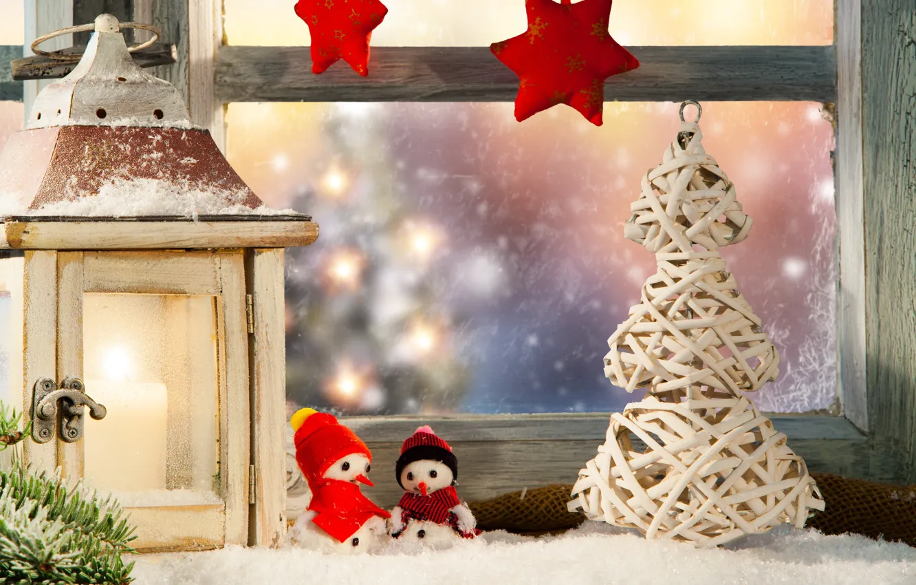 Photo wallpaper winter, snow, decoration, New Year, window, Christmas, gifts, Christmas