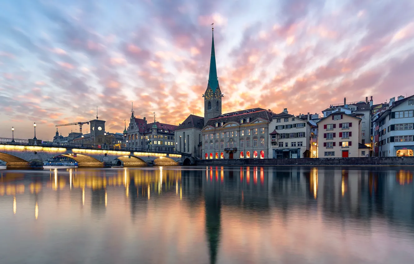 Photo wallpaper city, lights, river, sky, Switzerland, bridge, sunset, water