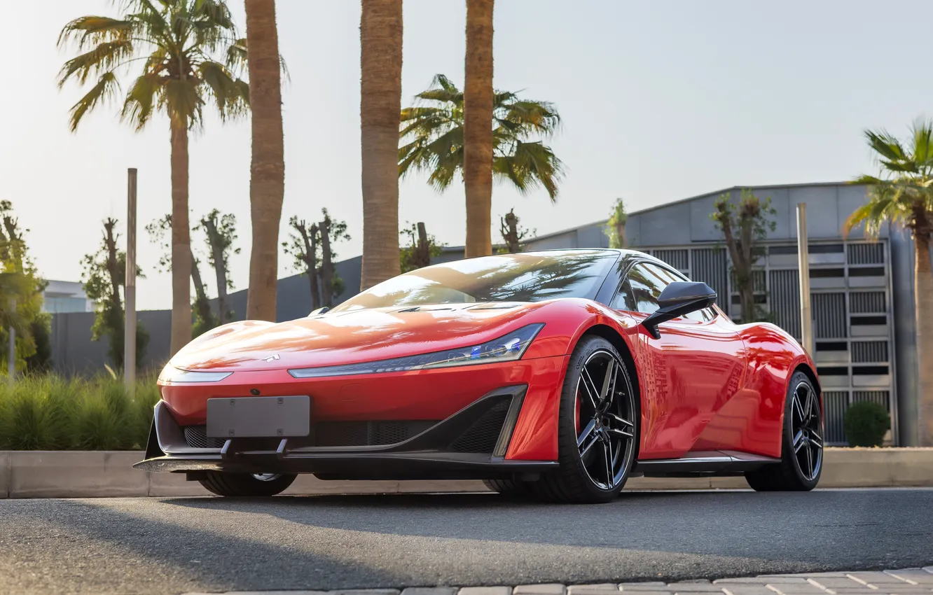 Photo wallpaper palm trees, supercar, front view, Aion, exterior, Supercar, 2023, Aion Hyper SSR