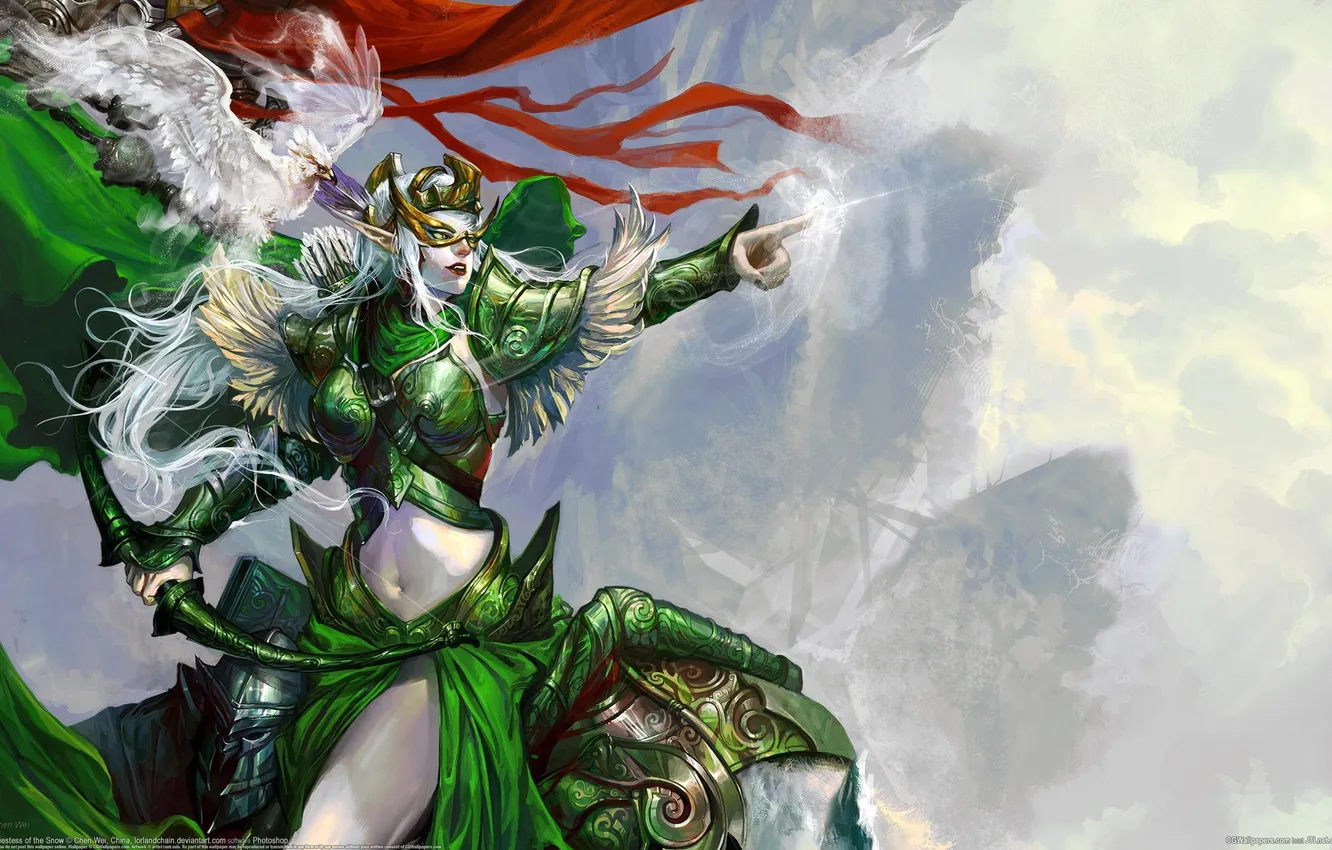 Photo wallpaper girl, green, bird, mask, bow, art, chen wei, banner