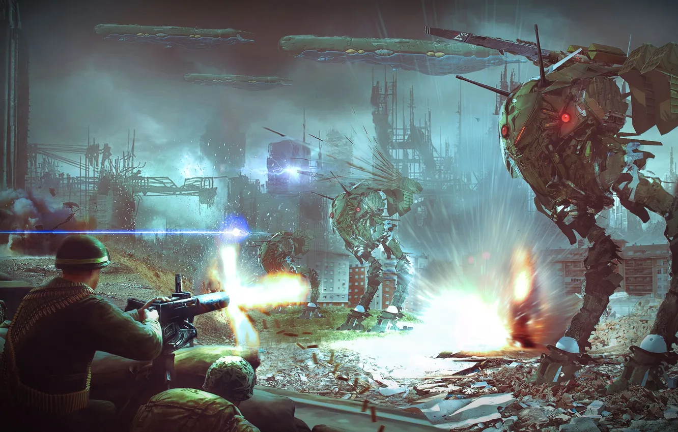 Photo wallpaper the city, robot, shot, art, soldiers, ruins, battle