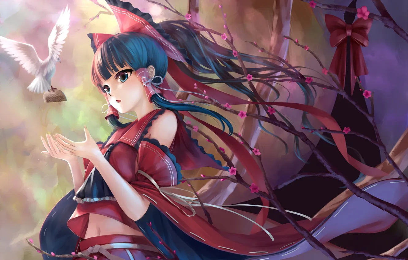 Photo wallpaper girl, the wind, bird, Sakura, scallop, gesture, touhou, art