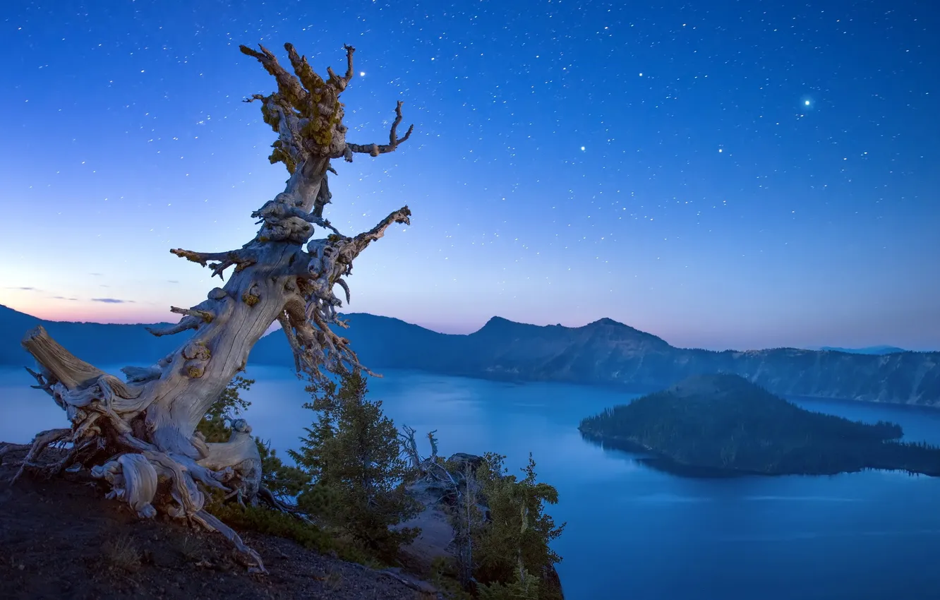 Photo wallpaper Oregon, landscape, night sky, Crater Lake, Crater Lake National Park