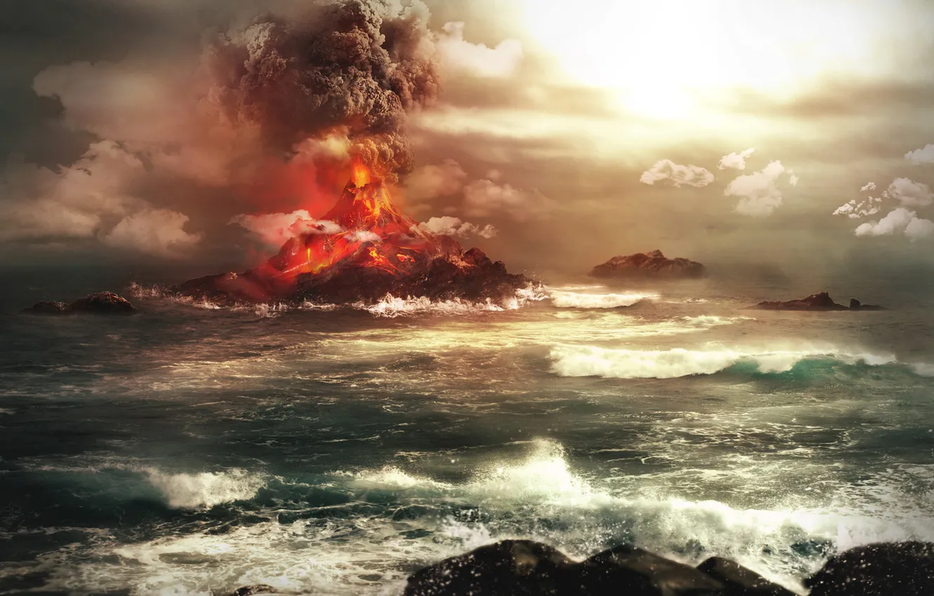 Photo wallpaper sea, clouds, the volcano, the eruption