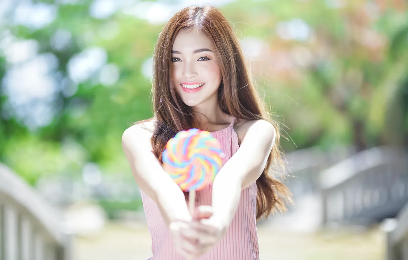 Photo wallpaper girl, smile, mood, Lollipop, Asian, candy, bokeh