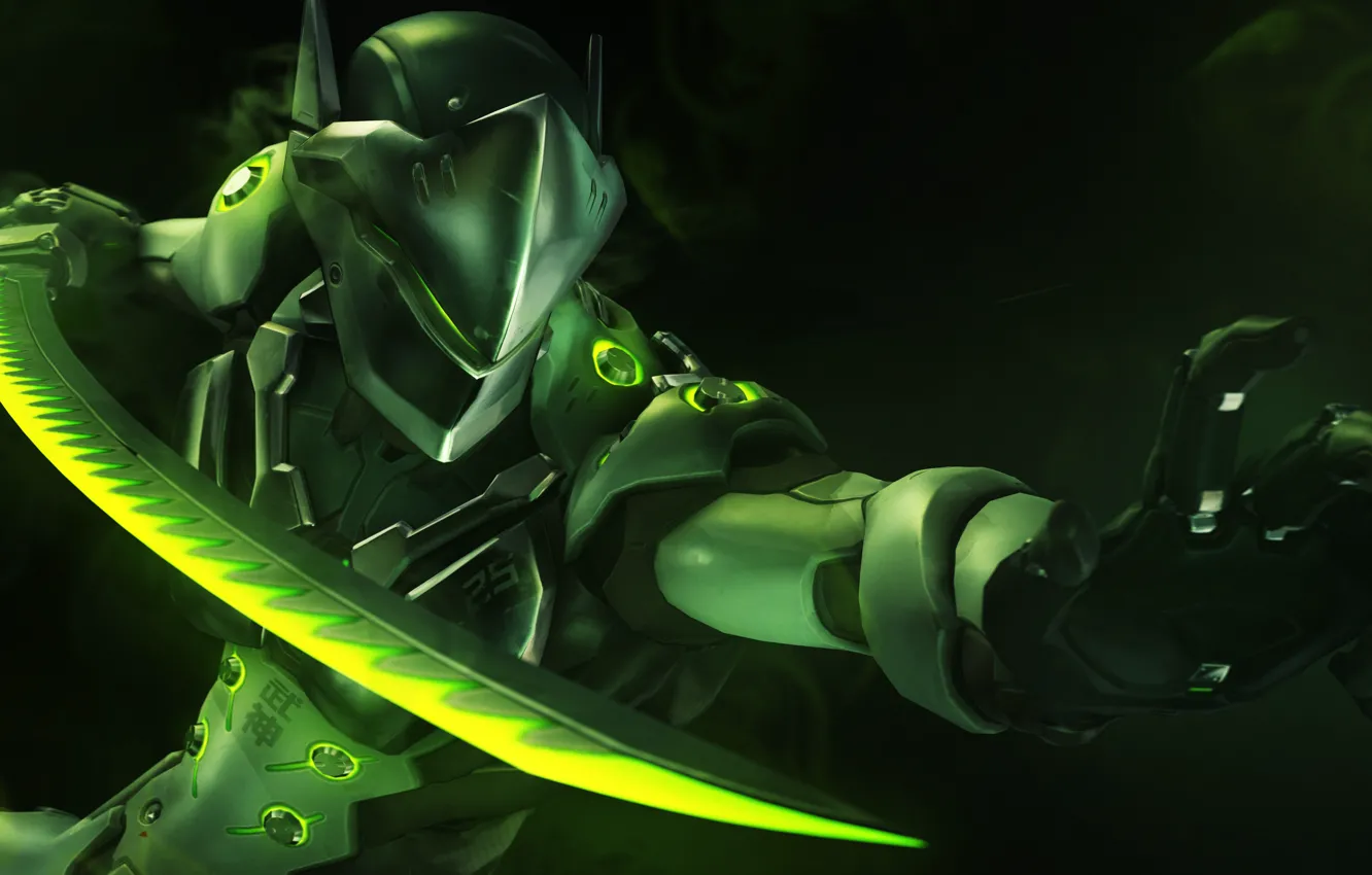 Photo wallpaper rendering, sword, mask, ninja, Overwatch, Genji Shimada, Genji