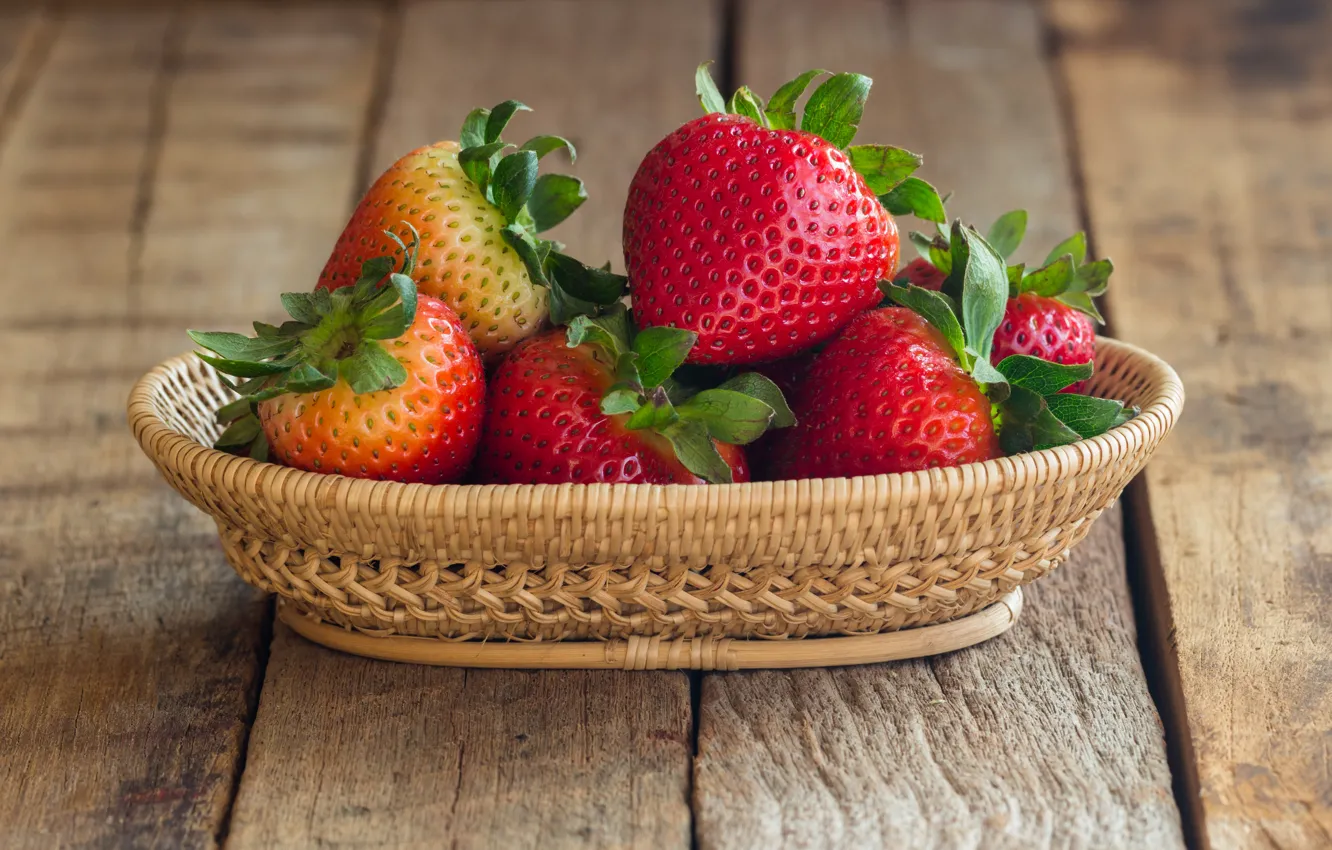 Photo wallpaper red, berries, strawberry, basket, fresh, wood, ripe, sweet