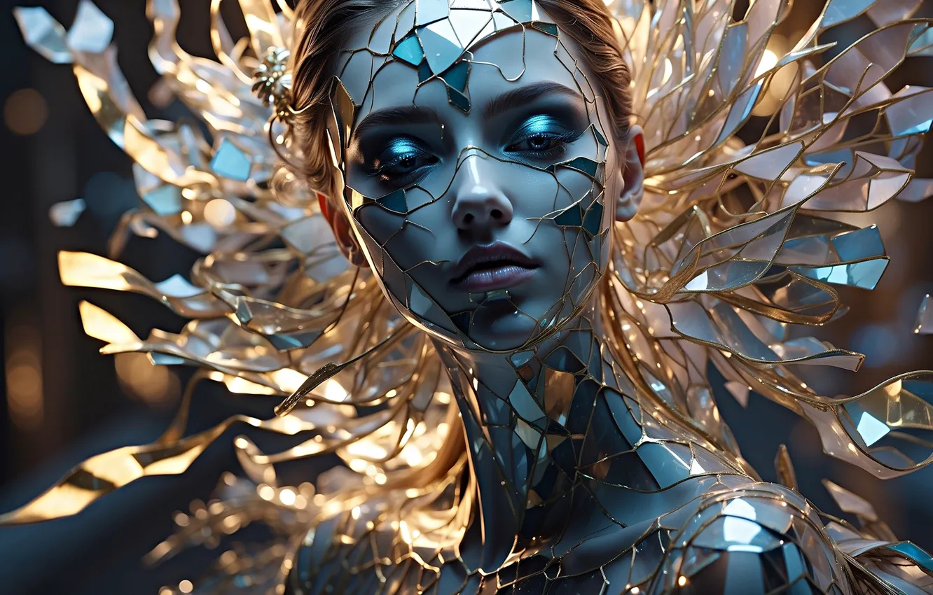 Photo wallpaper look, glass, girl, decoration, fragments, face, cracked, Shine