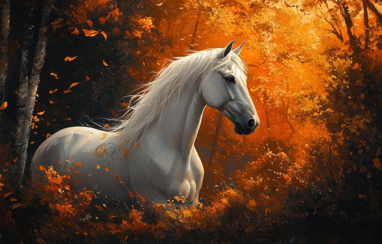 Photo wallpaper autumn, forest, white, look, face, light, trees, branches