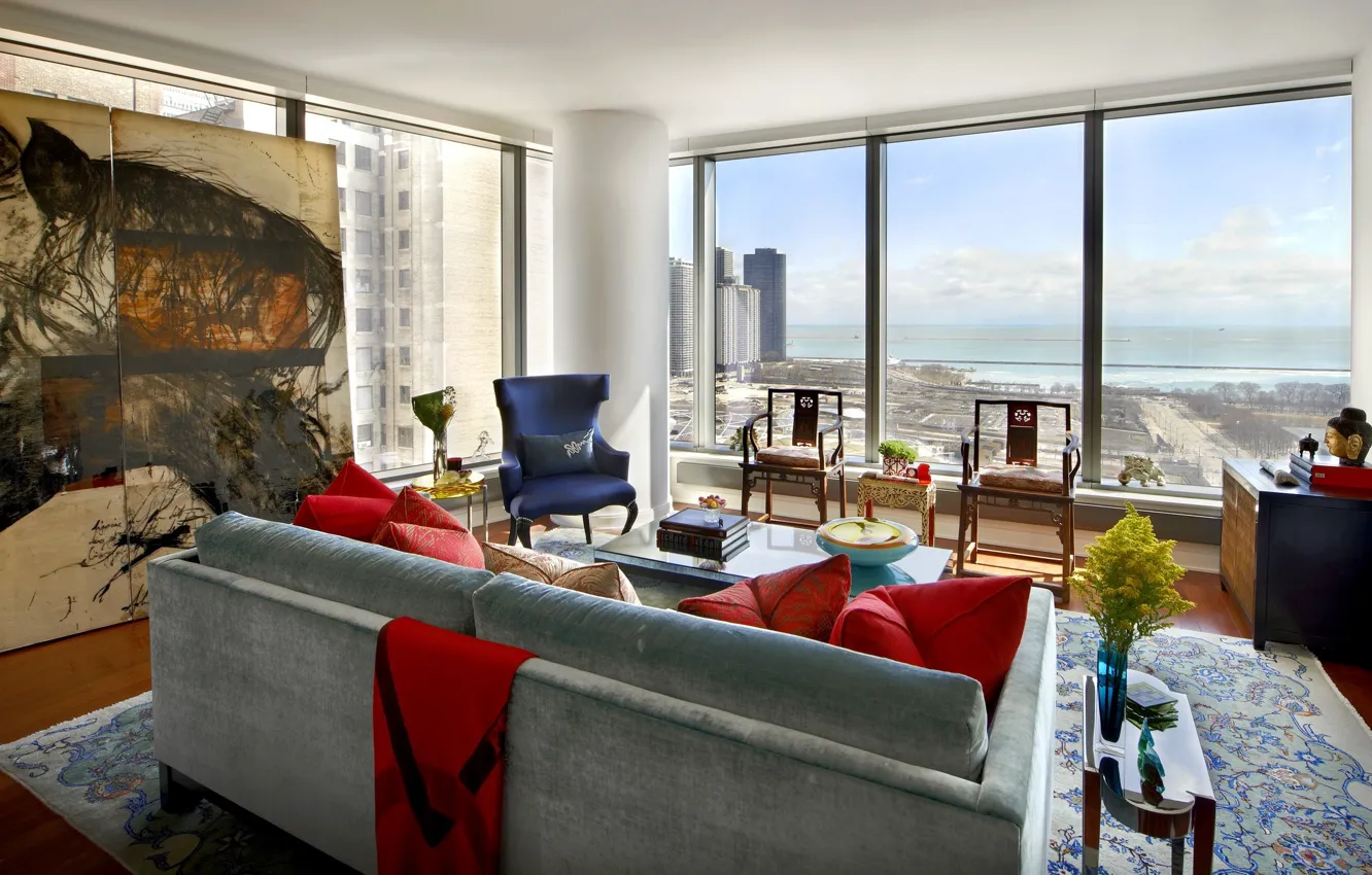 Photo wallpaper design, the city, style, room, interior, living room