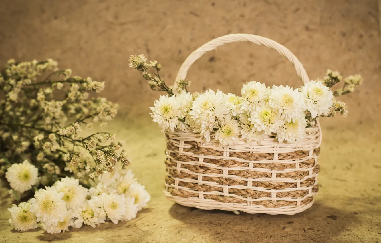 Photo wallpaper flowers, basket, bouquet, chrysanthemum