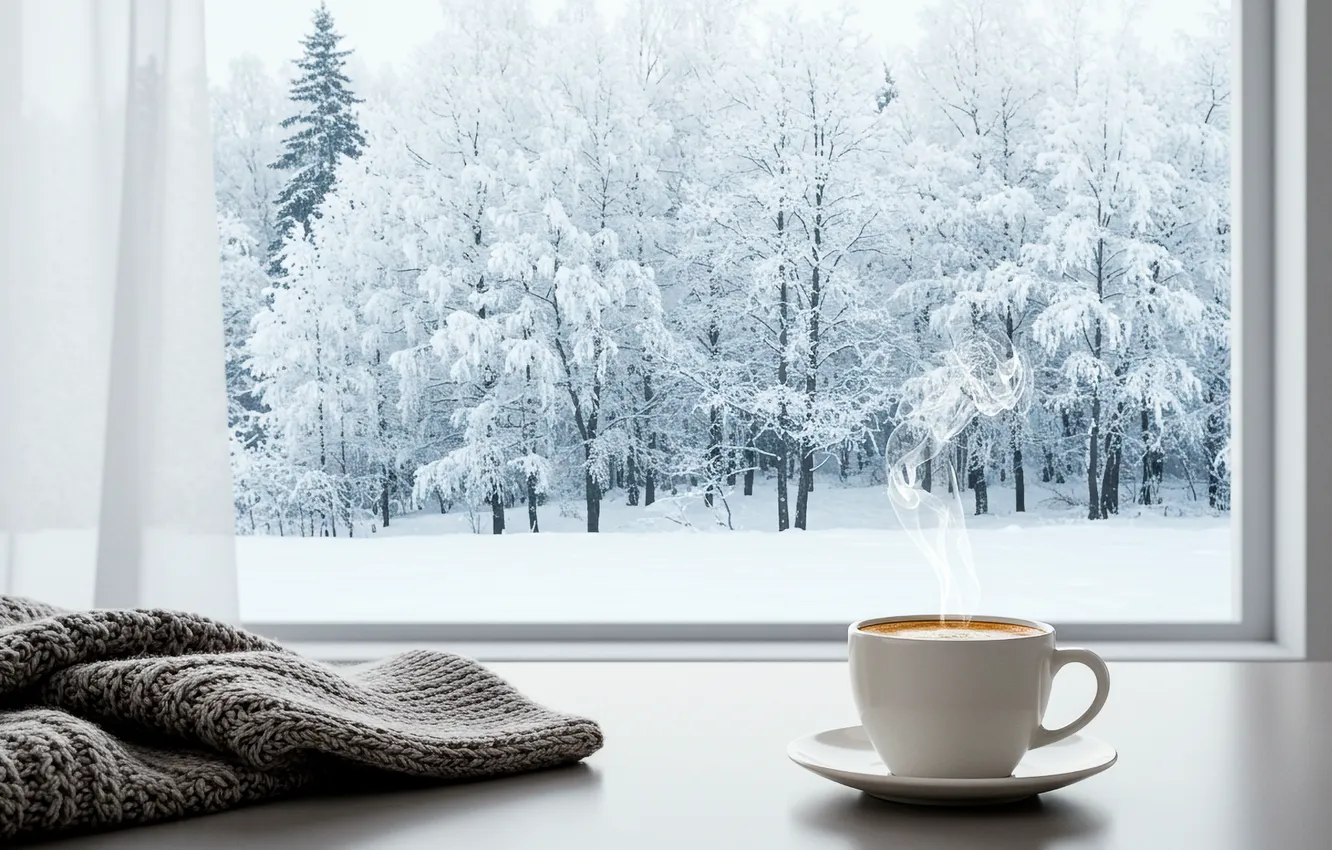 Photo wallpaper winter, coffee, window