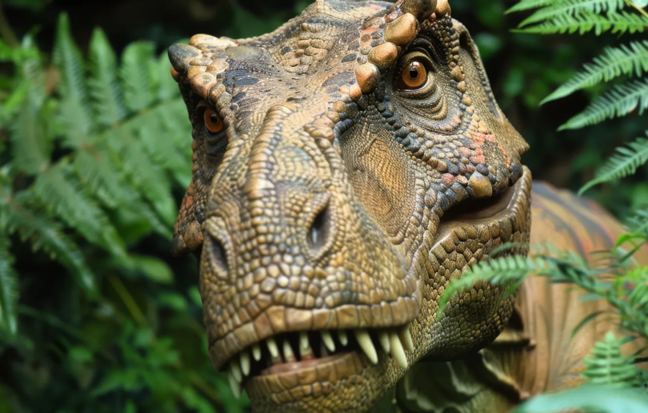 Photo wallpaper look, face, leaves, animal, dinosaur, predator, head, fern