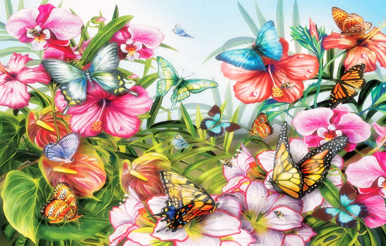 Photo wallpaper leaves, flowers, nature, butterfly, moth