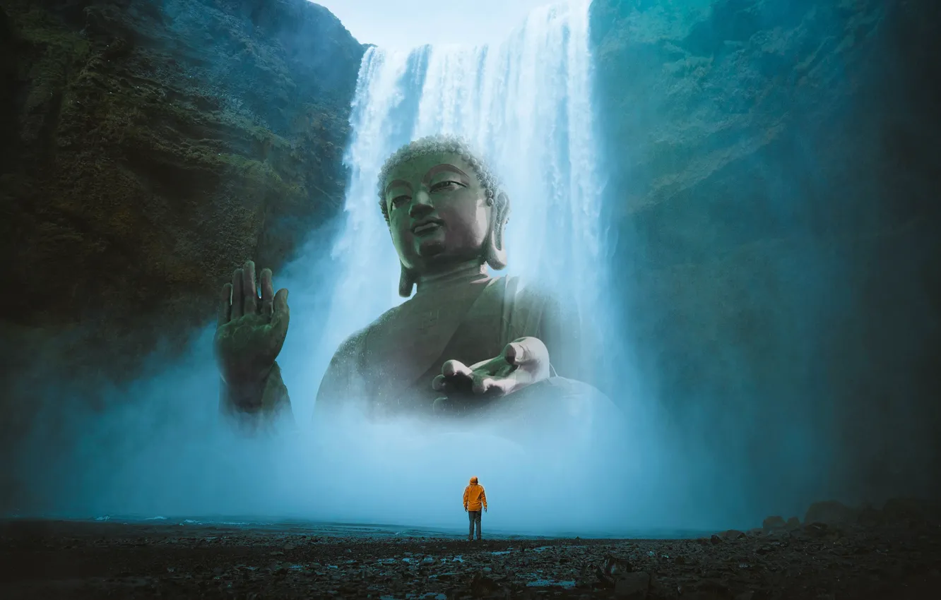 Photo wallpaper rendering, rocks, collage, people, waterfall, statue, sculpture, religion