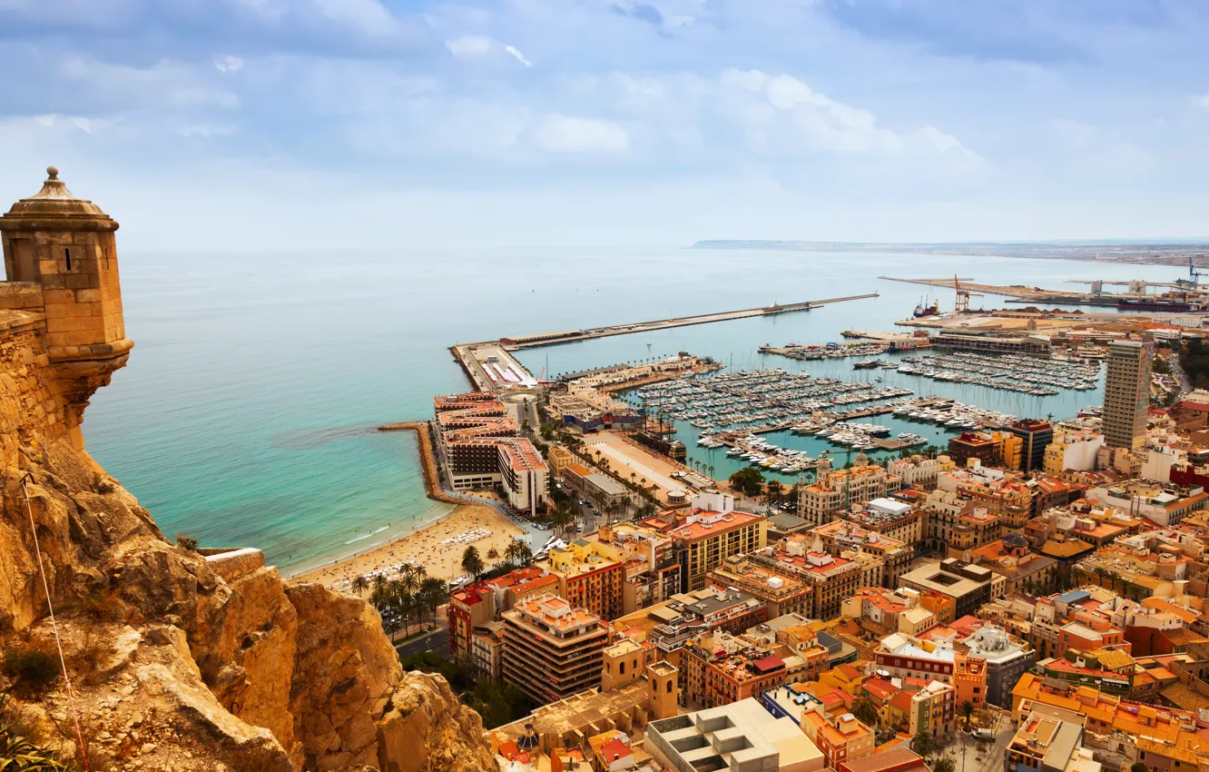 Photo wallpaper the city, view, home, yachts, Spain, Spain, Alicante