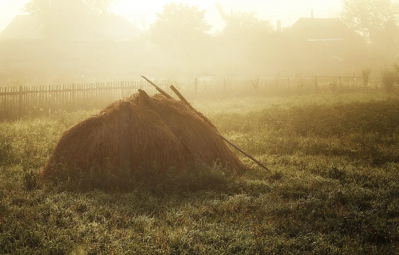 Photo wallpaper fog, morning, stack, village, hay