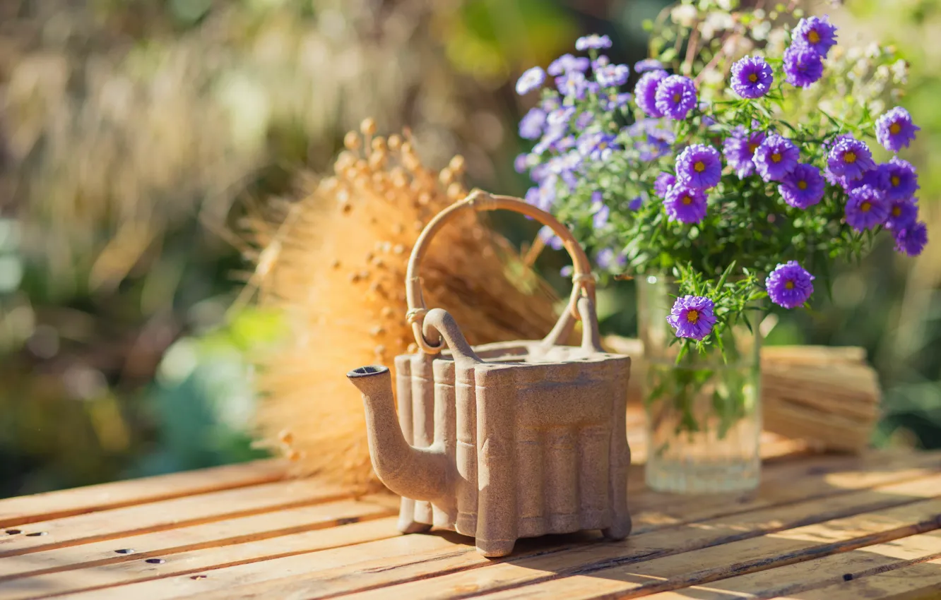 Photo wallpaper light, flowers, bench, Board, bouquet, garden, lake, lilac