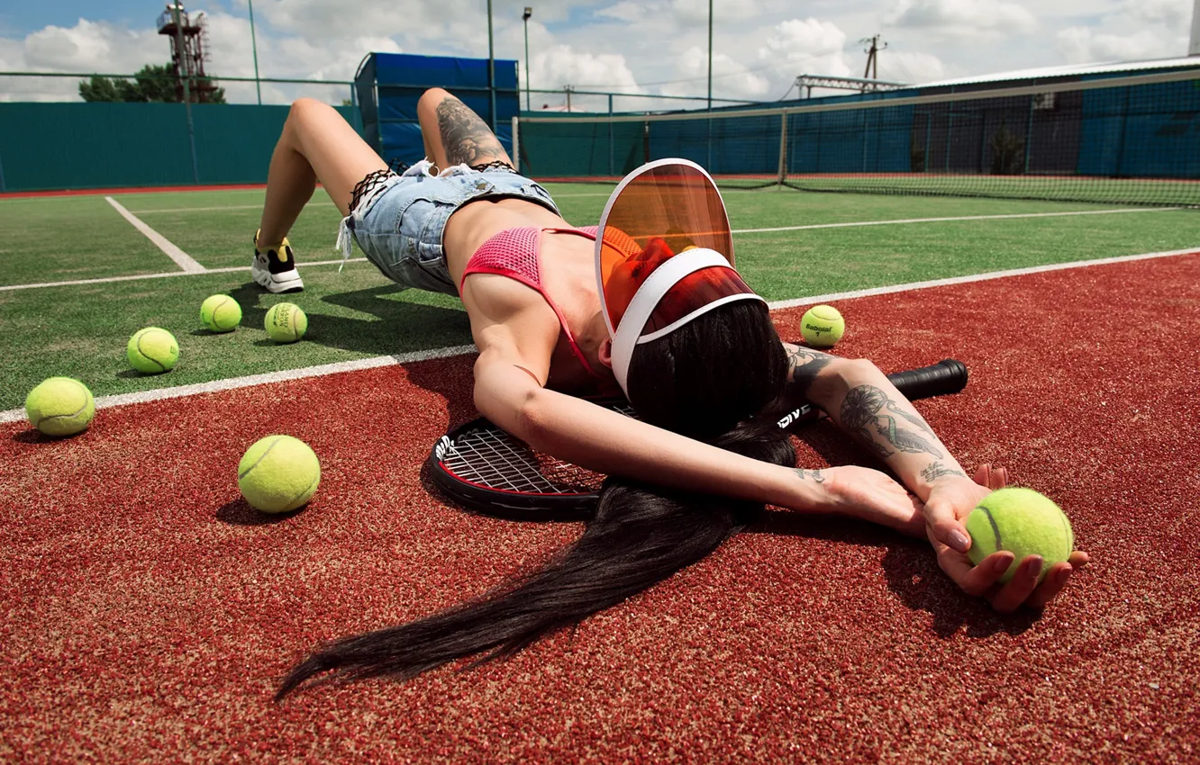 Photo wallpaper girl, pose, shorts, hands, tattoo, racket, the ball, tennis